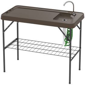 Folding Fish Cleaning Table with Sink, Portable Camping Table with Faucet, Drainage Hose, Sprayer and Shelf, Tan Folding Fish Cleaning Table with Sink, Portable Camping Table with Faucet, Drainage Hose, Sprayer and Shelf, Tan